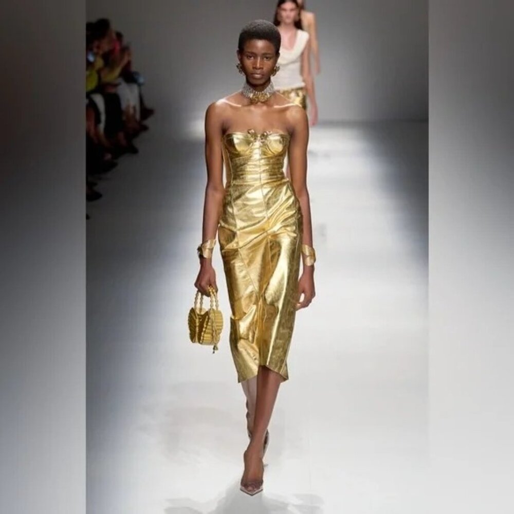 Blumarine Gold Metallic Strapless Midi Dress - Picture 16 of 16